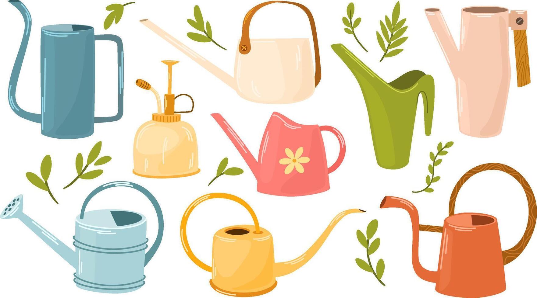 Watering Can Spring Set. Gardening equipment, care of plants and flowers.  Flat cartoon vector illustration.