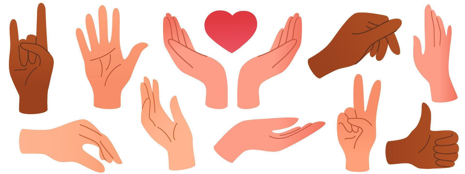 Set of hands in doodle style human arms. Vector different man woman hands showing peace sign, heart, thumbup isolated on the white background