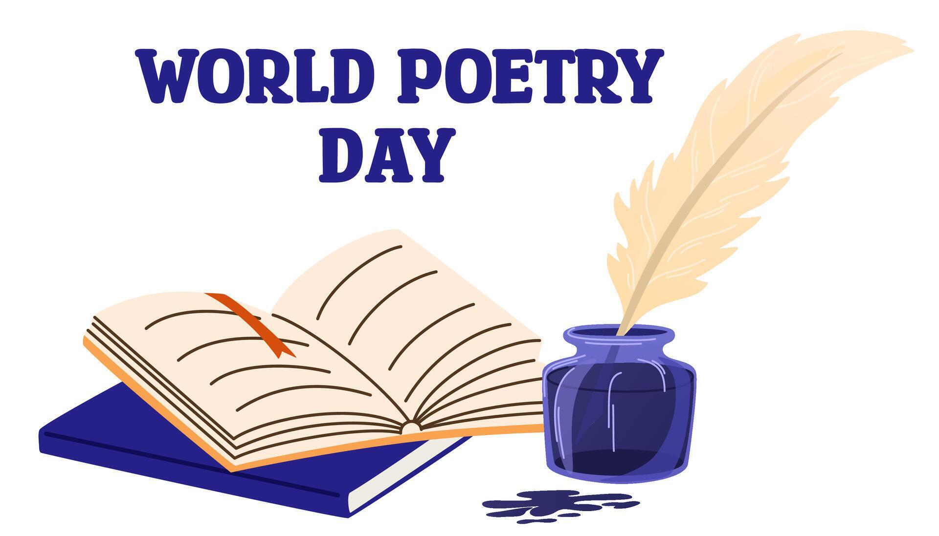 World Poetry Day, 21 March. Books and feather plume for immersion in