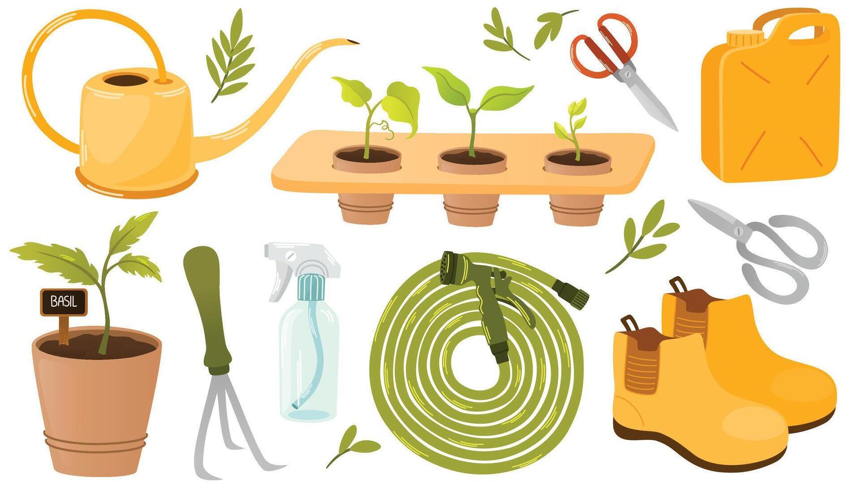 Garden items. Agriculture tools. Farm or planting equipment with plants, seeds, watering can, bucket, seedling, pots, rubber boots and gloves. Flat cartoon vector illustration.