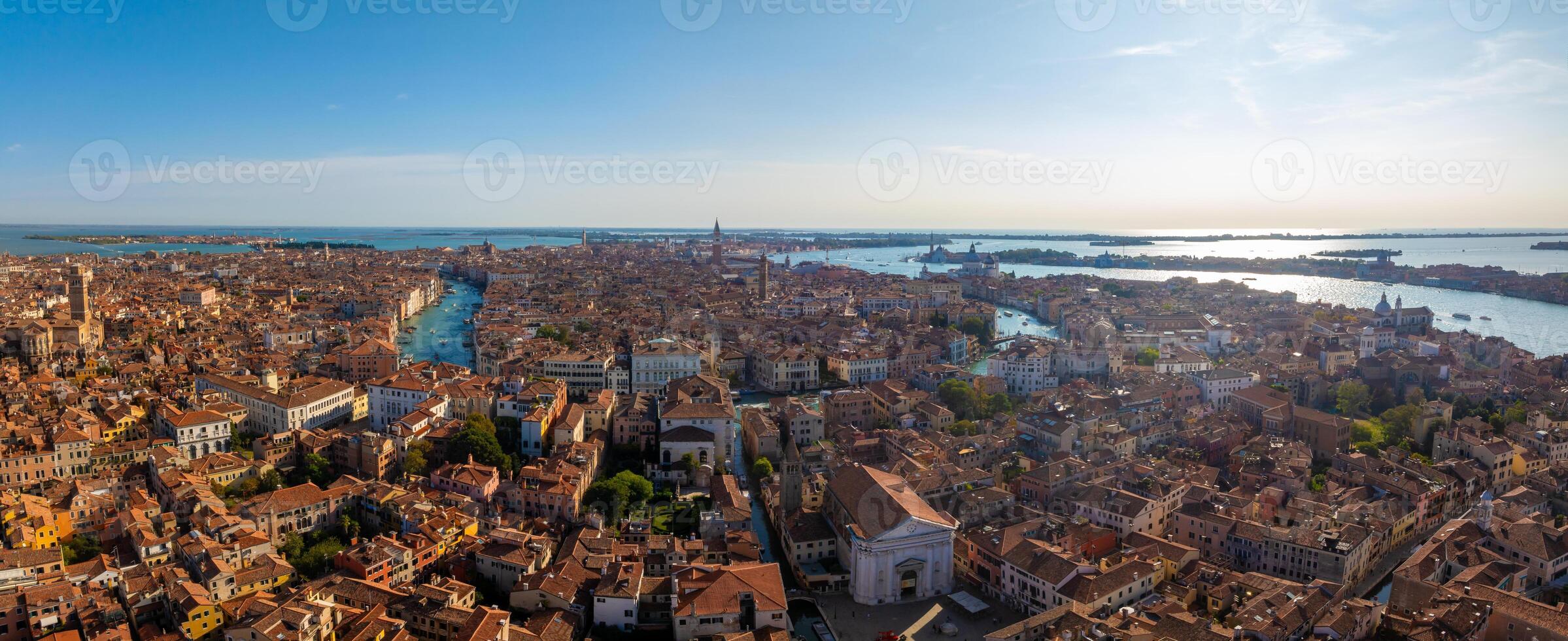 Aerial View of Venice near Saint Mark's Square, Rialto bridge and narrow canals. photo