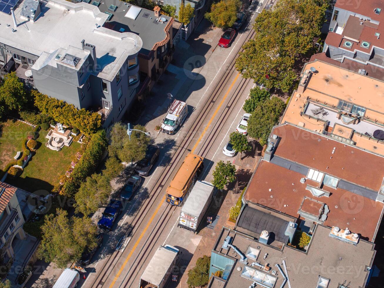 Panoramic view of aerial Lombard Street, an east west street in San Francisco, California. photo