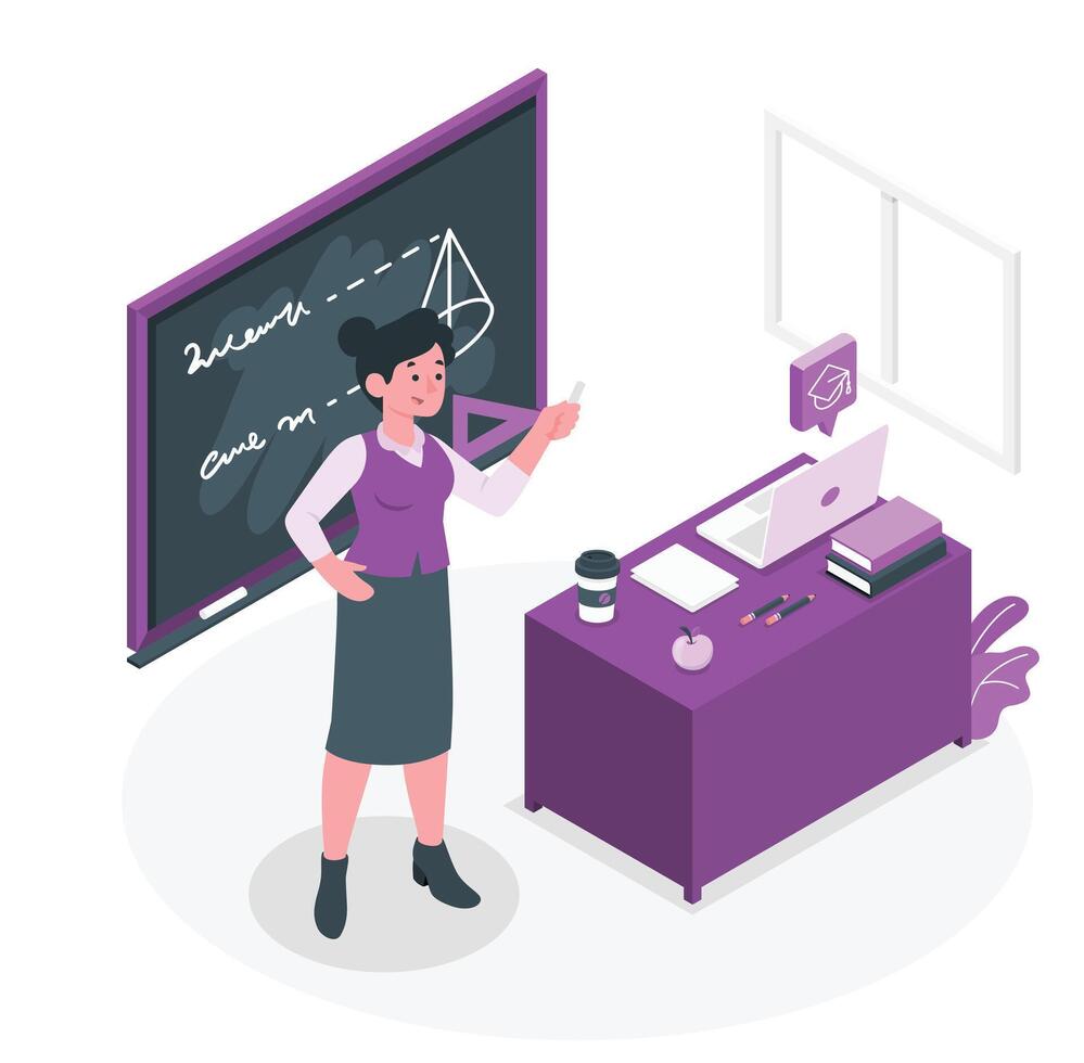 Teacher and student at the blackboard. Vector illustration in flat style.