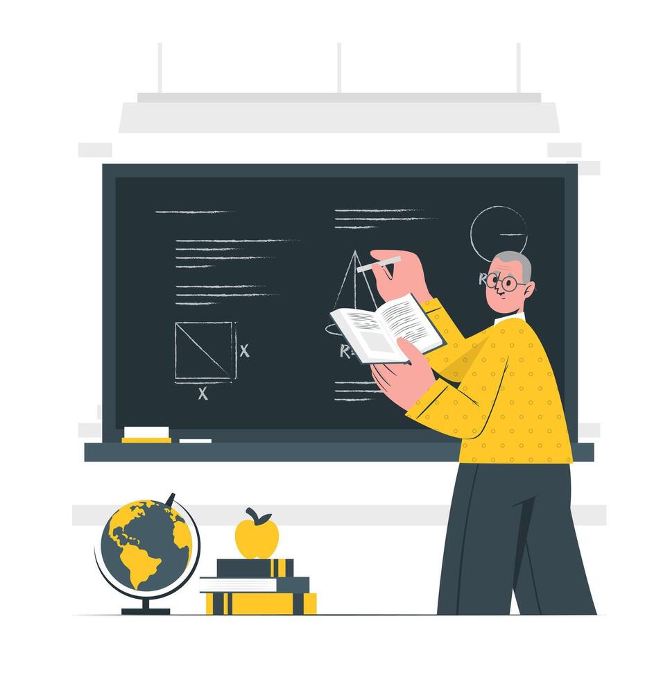 Teacher and student at the blackboard. Vector illustration in flat style.