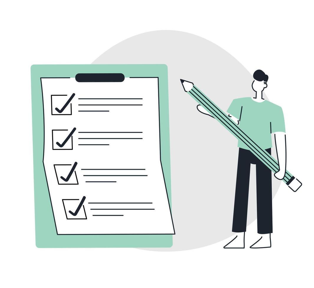 Man with pencil and checklist. Vector illustration in a flat style.