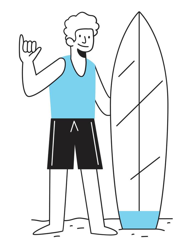 joven hombre en pie con tabla de surf vector ilustración