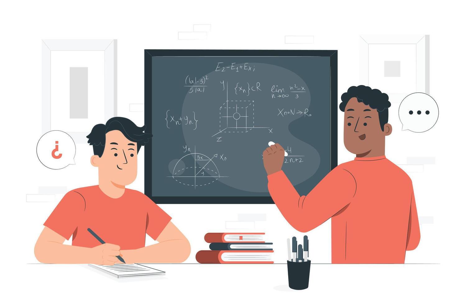 Teacher and student at the blackboard. Vector illustration in flat style.