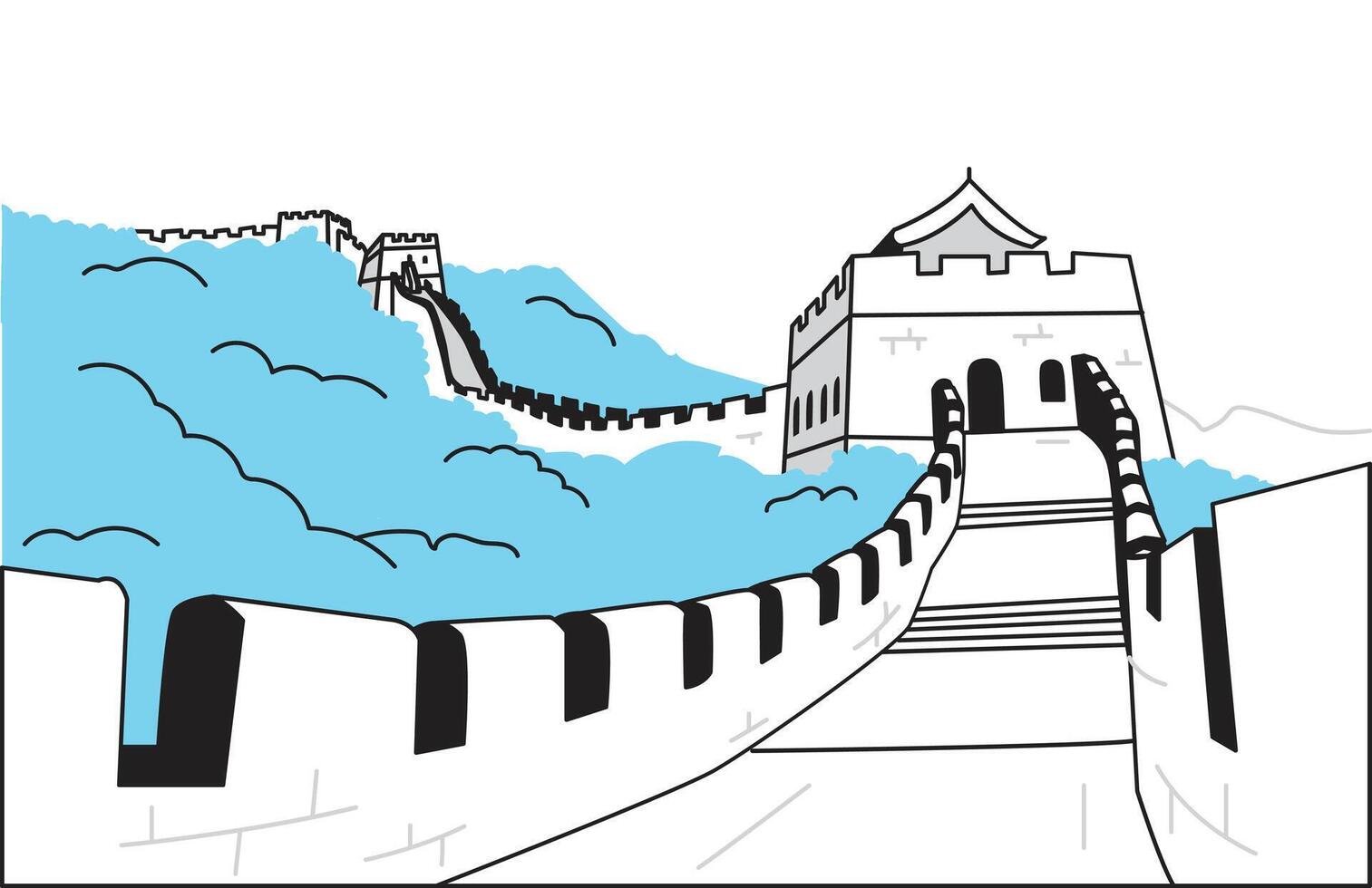 illustration of the Great Wall in Beijing, China with blue sky vector