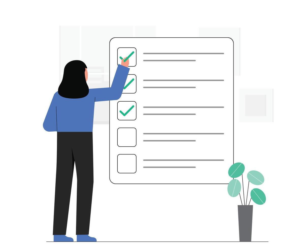 Woman standing near checklist. Flat vector illustration. Concept of survey, questionnaire, questionnaire, test.