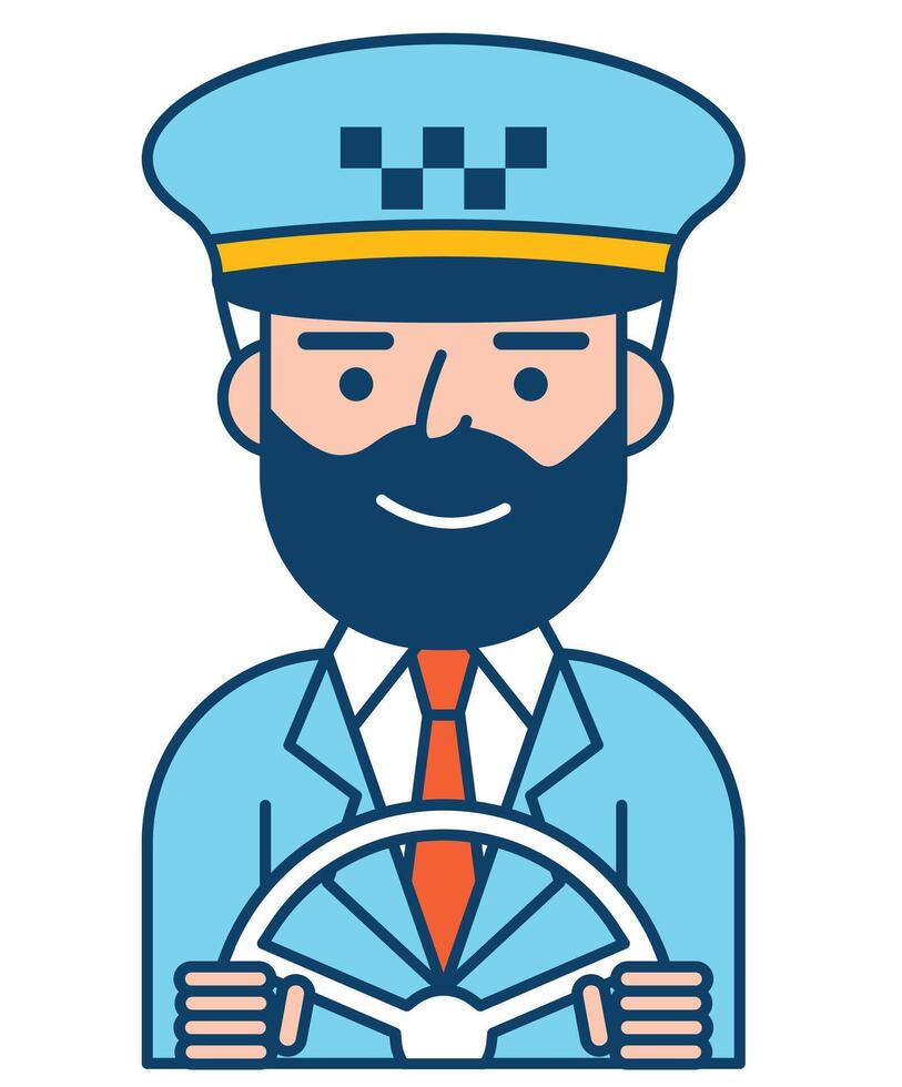 Vector illustration of a taxi driver with steering wheel on white background.