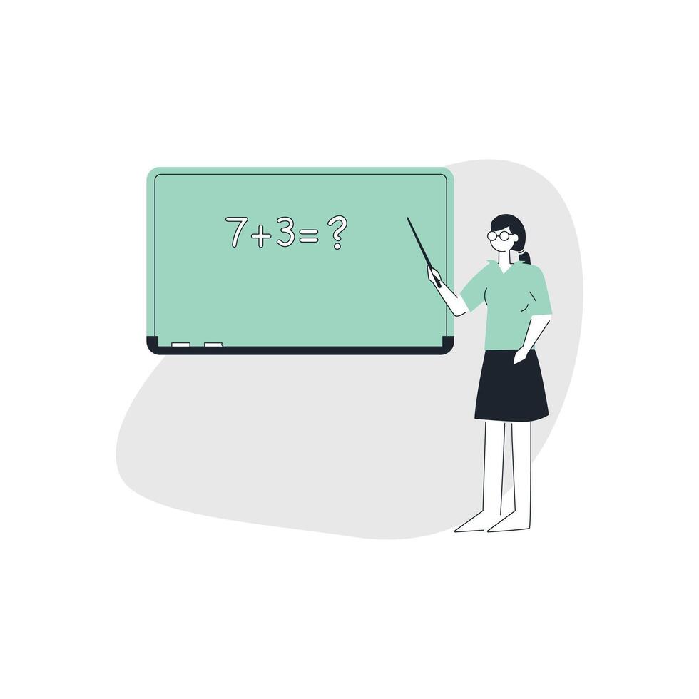 Female teacher in classroom with chalkboard and blackboard. Isometric vector illustration.