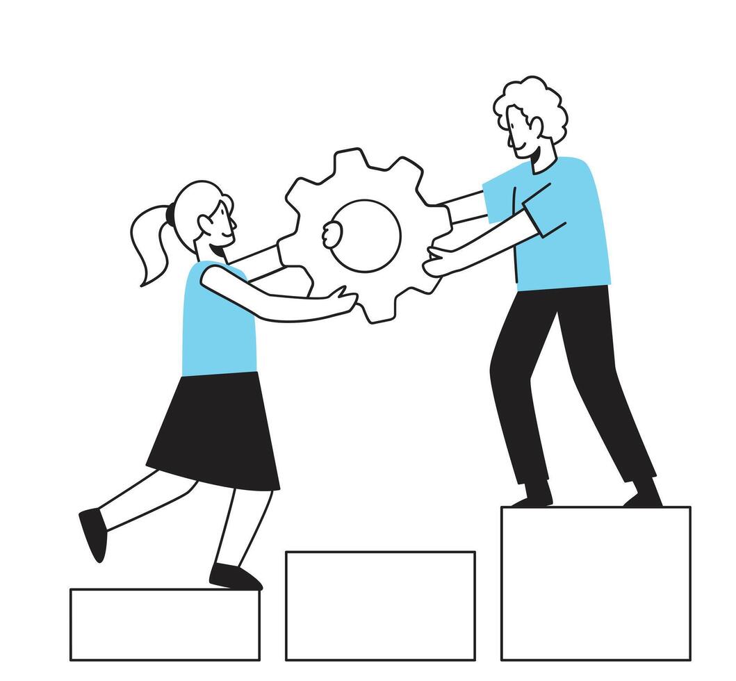 Businessman and businesswoman with gear on podium. Teamwork concept vector