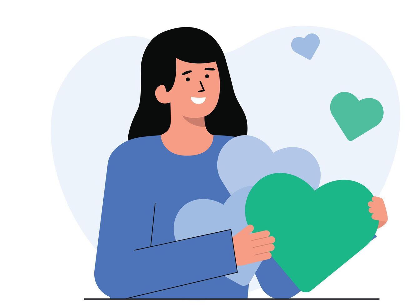 contento mujer participación grande corazón. vector ilustración en plano dibujos animados estilo.