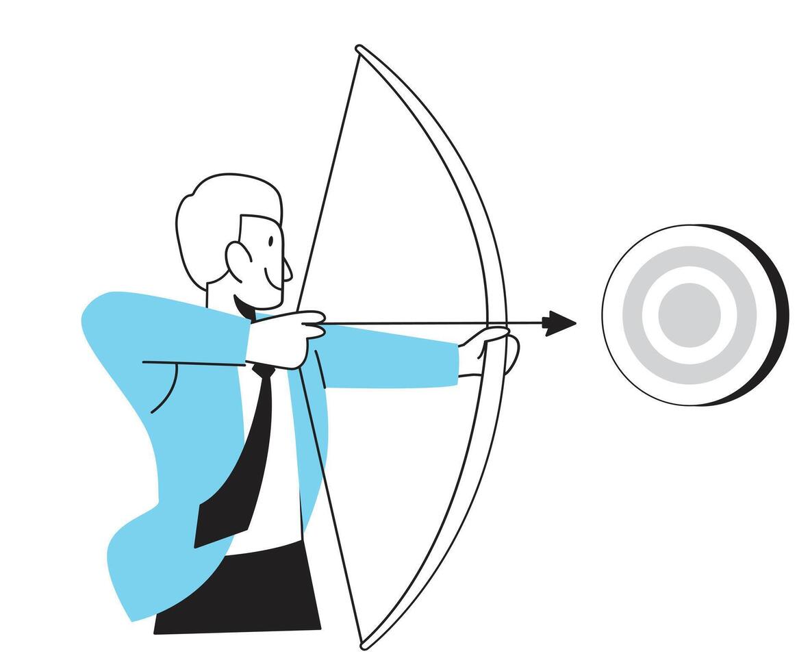 Businessman aiming at the target with bow and arrow, vector illustration