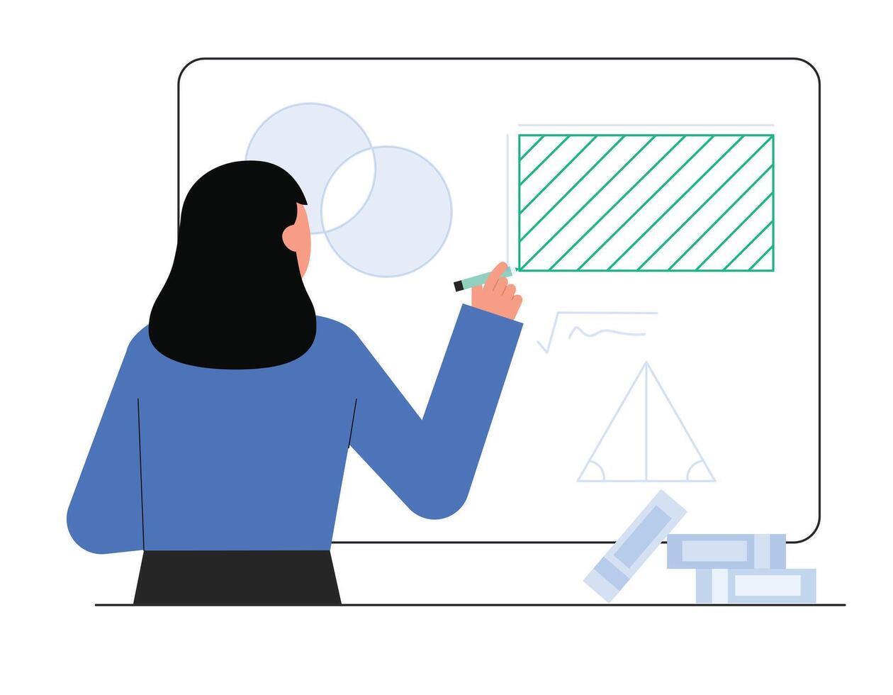 Female teacher in classroom with chalkboard and blackboard. Isometric vector illustration.