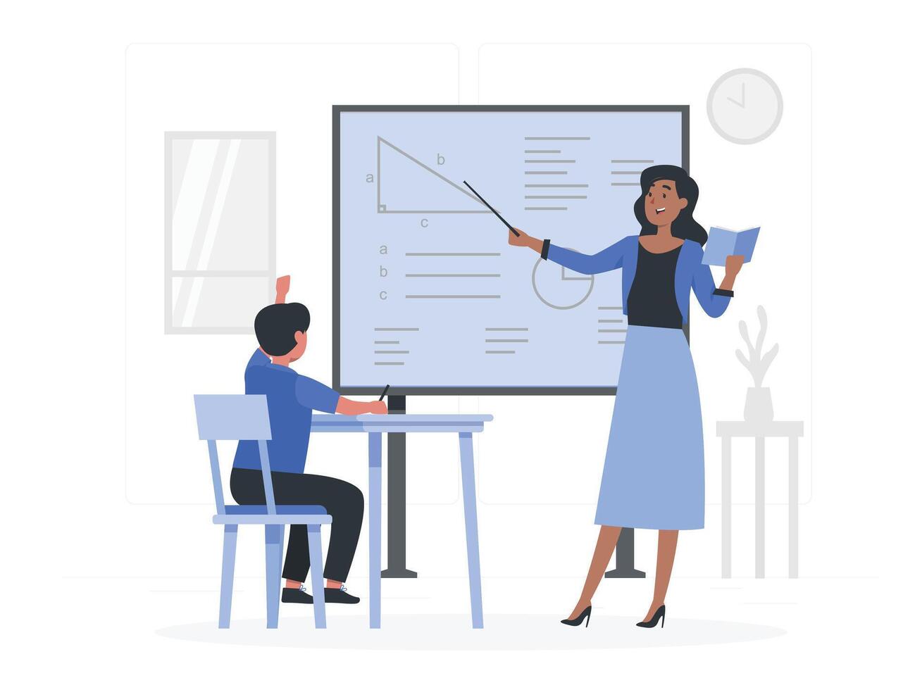 Teacher and student at the blackboard. Vector illustration in flat style.