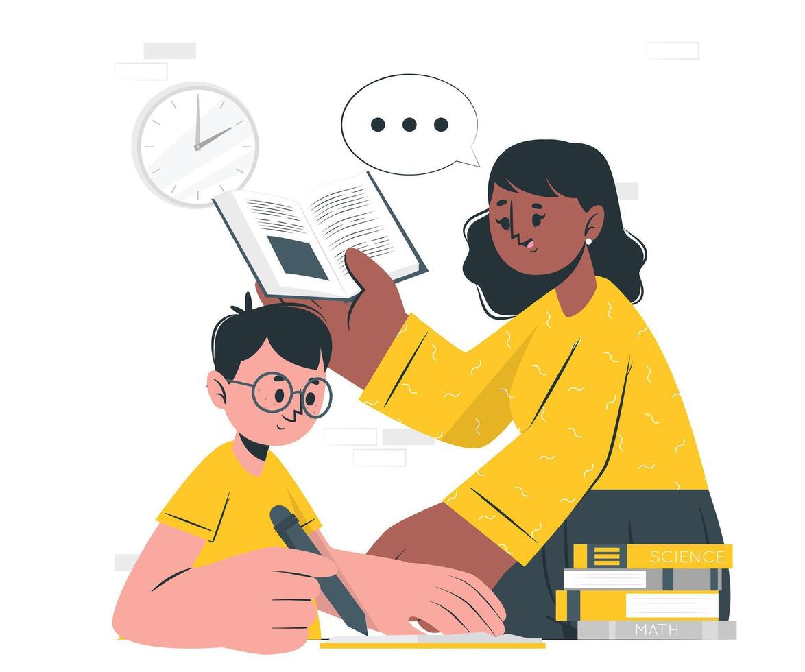 Teacher and student at the blackboard. Vector illustration in flat style.