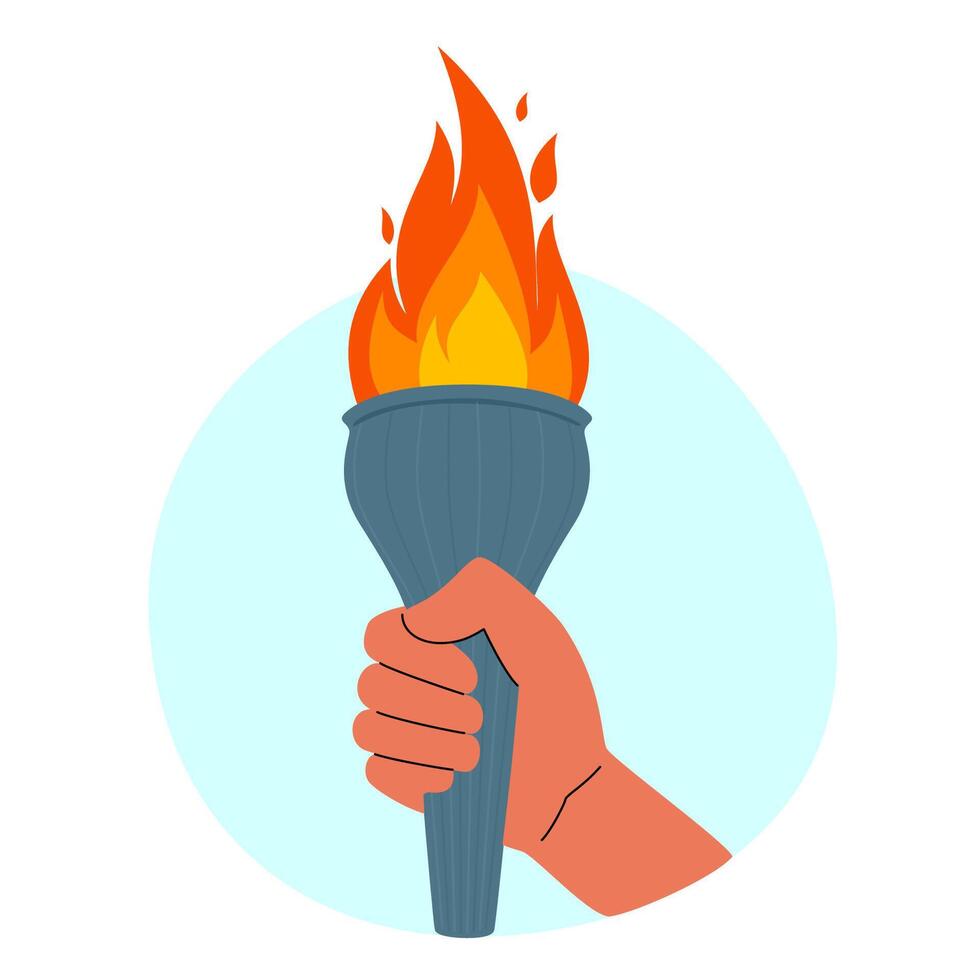 Hand with flaming torch. Burning torch flame in hand. Symbols of relay race, competition victory. Vector illustration.