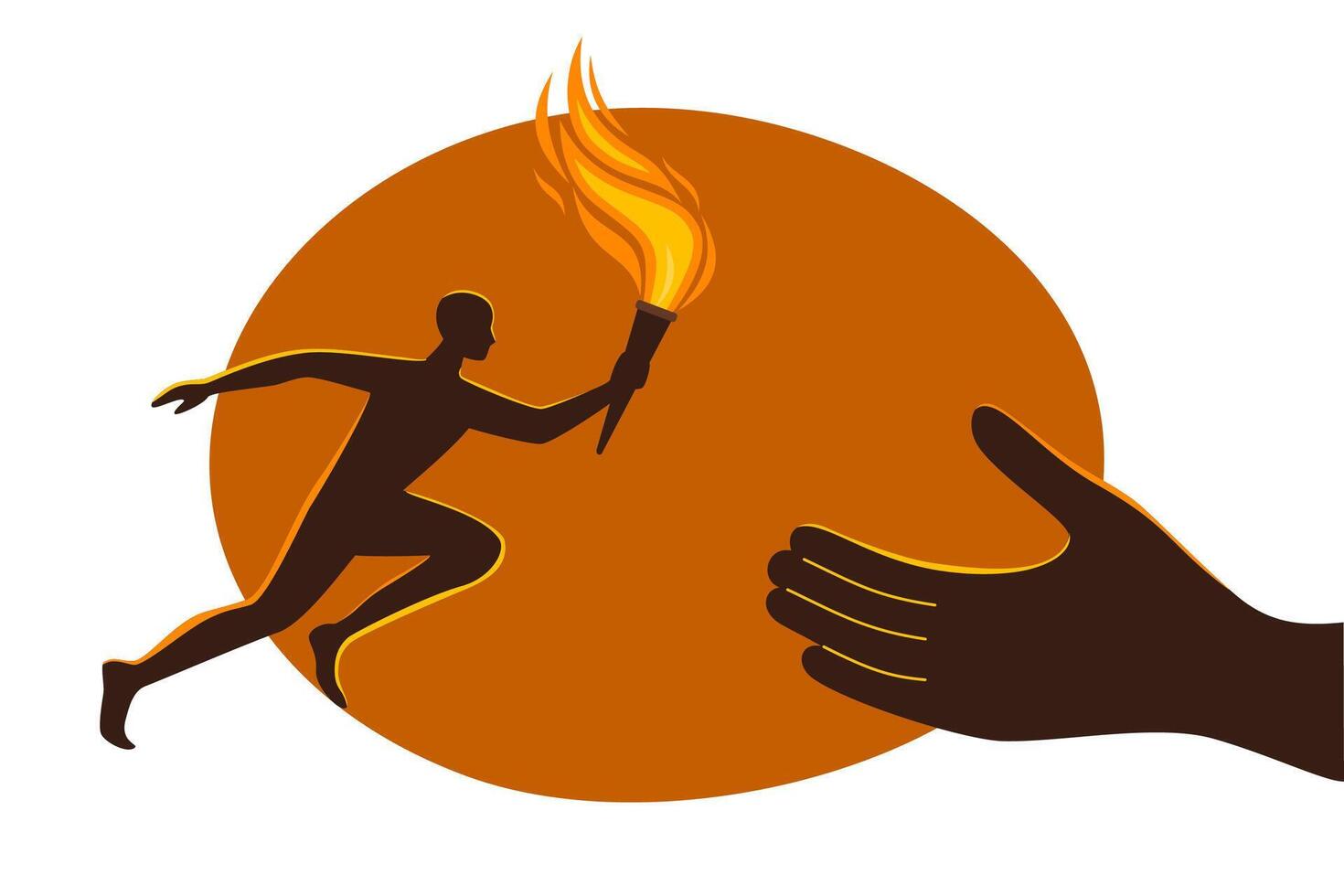 Man runs and carries burning torch in his hand. Symbol of relay race, competition victory, champion or winner. Vector illustration.