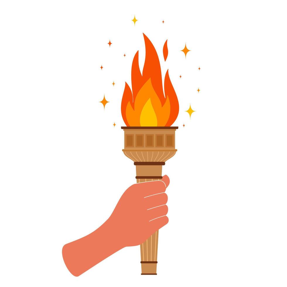 Hand with flaming torch. Burning torch flame in hand. Symbols of relay race, competition victory. Vector illustration.