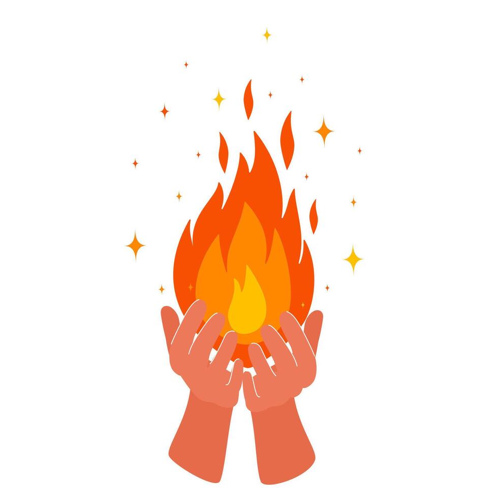 Hands hold the flame of fire. Symbol of light, love, kindness, victory. Vector illustration on isolated background.