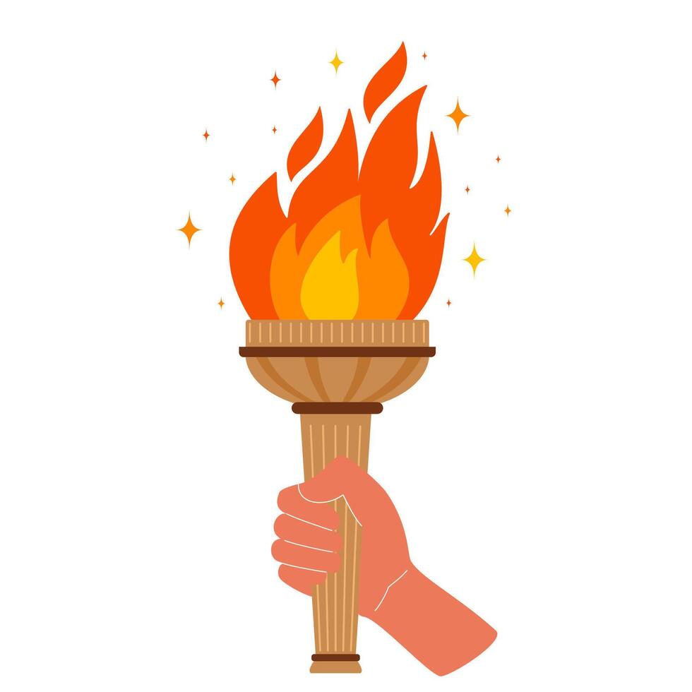 mano con llameante antorcha. ardiente antorcha fuego en mano. símbolos de relé carrera, competencia victoria. vector ilustración.