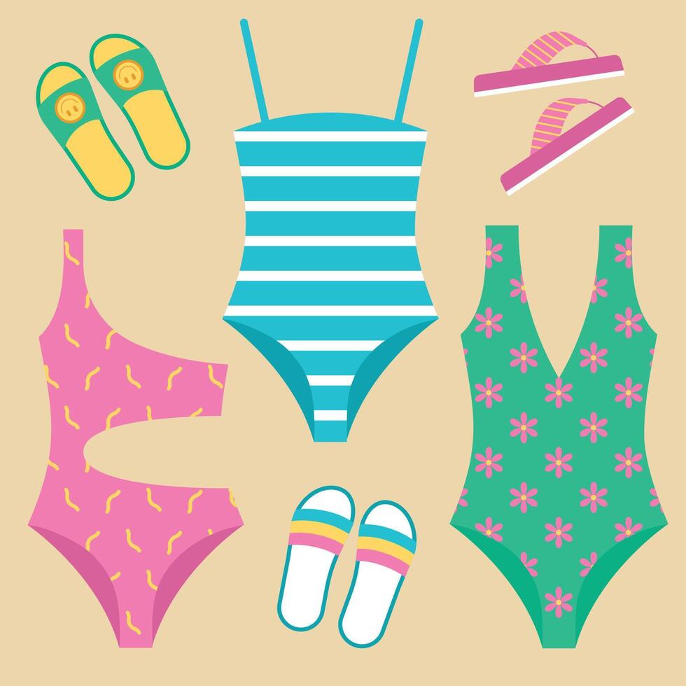 vector summer set with swimsuits sandals illustration icon