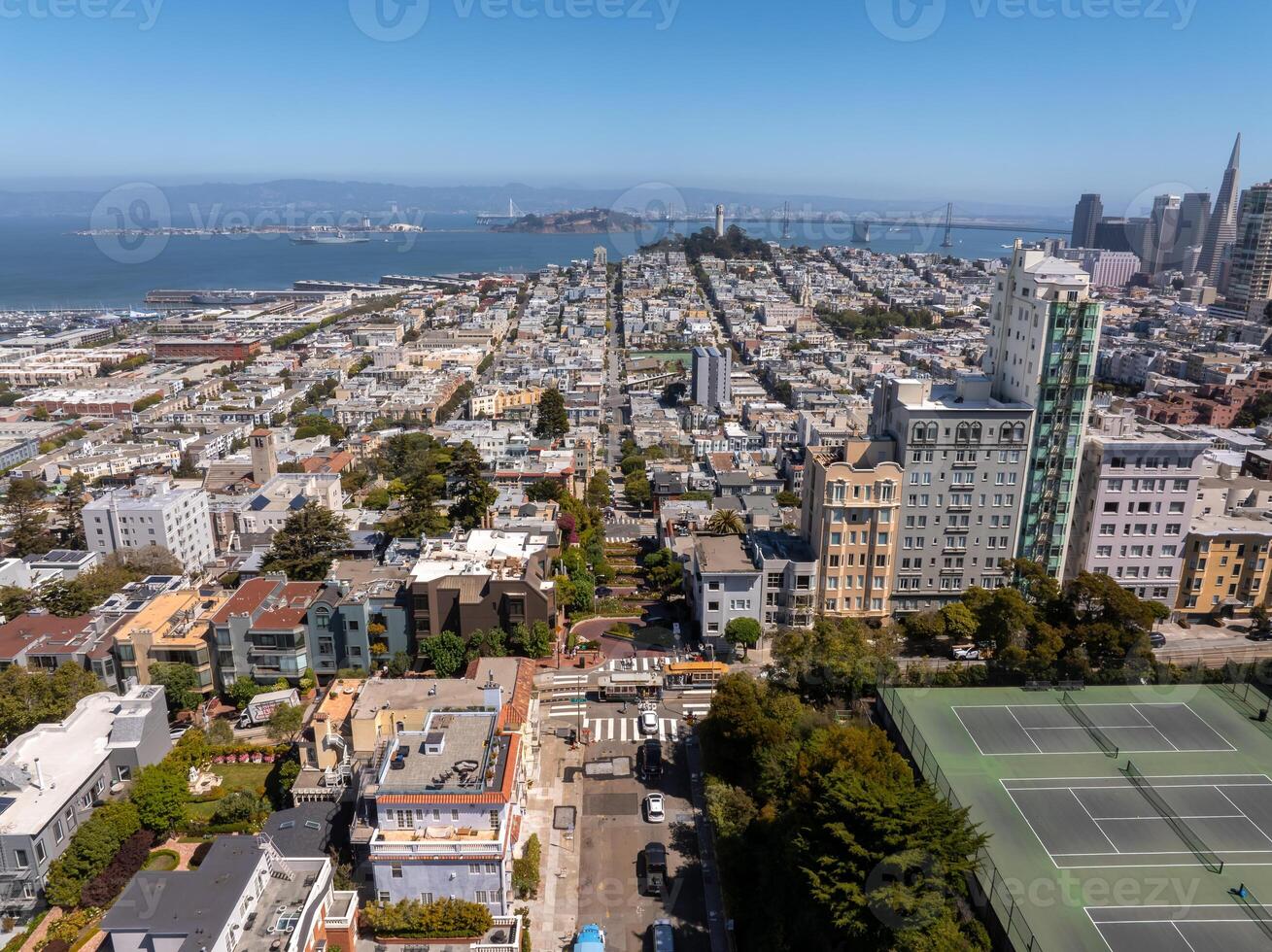 Panoramic view of aerial Lombard Street, an east west street in San Francisco, California. photo