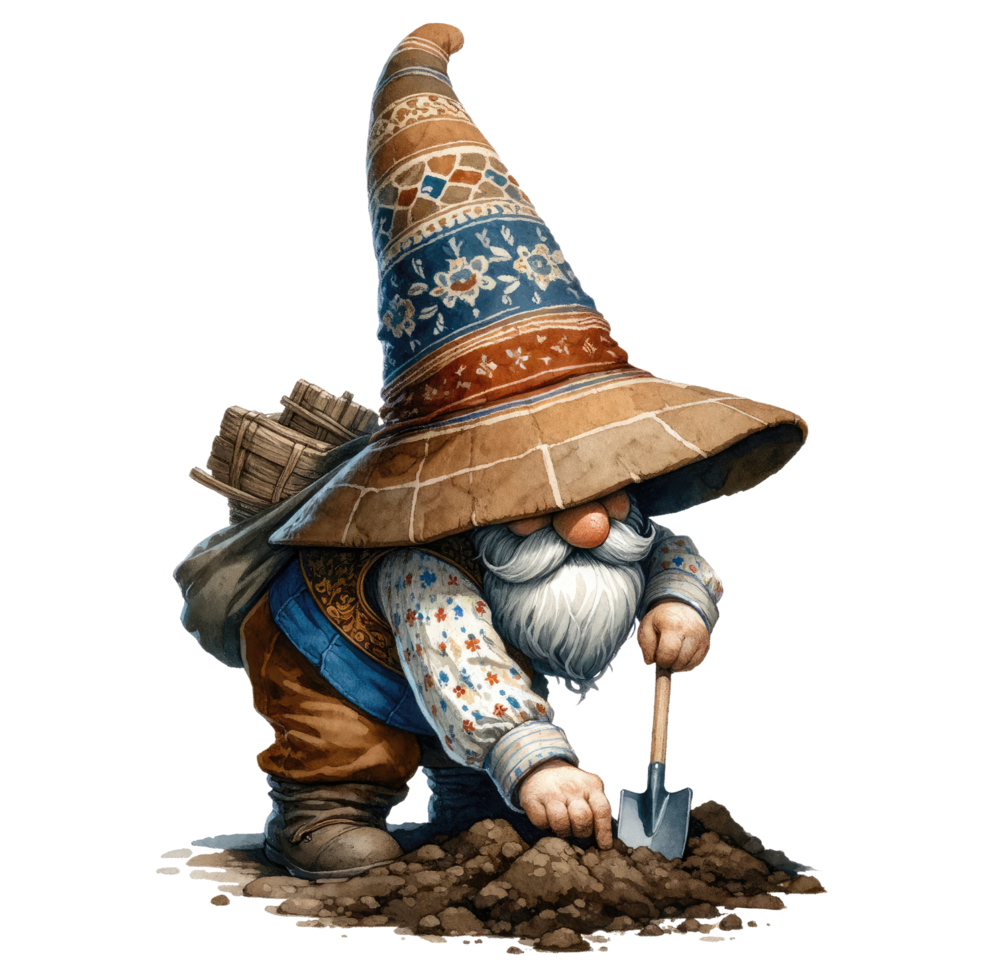 ai généré gnome creusement sol dans rustique tenue png