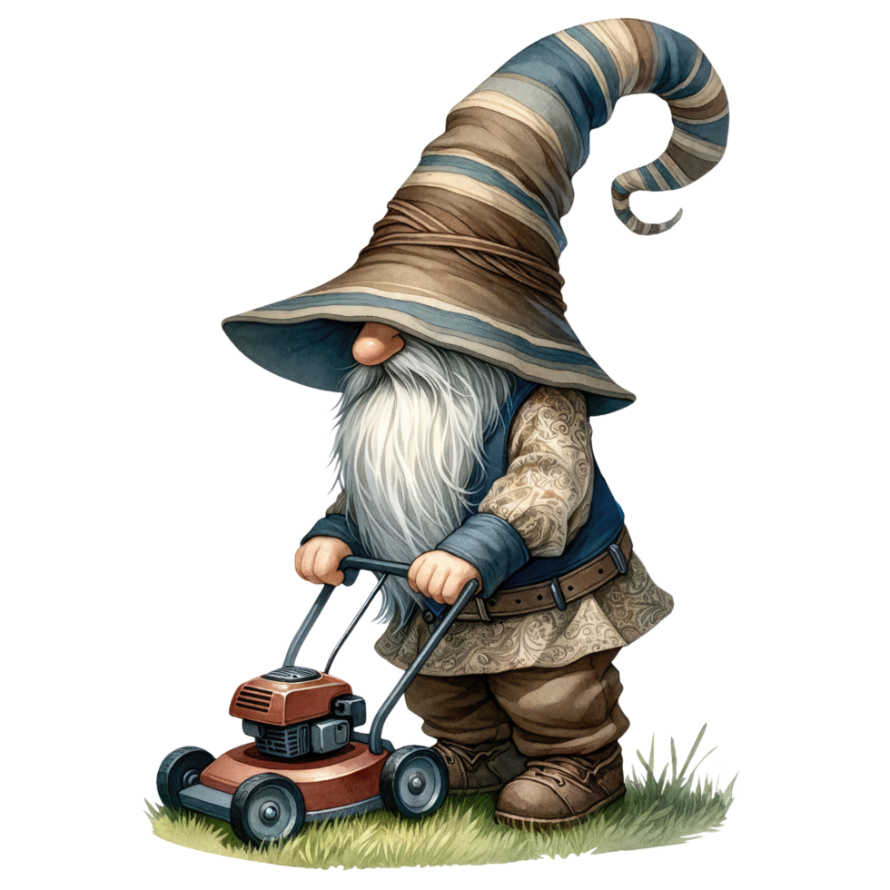 ai genererad gnome med gräsklippare i trädgård illustration png