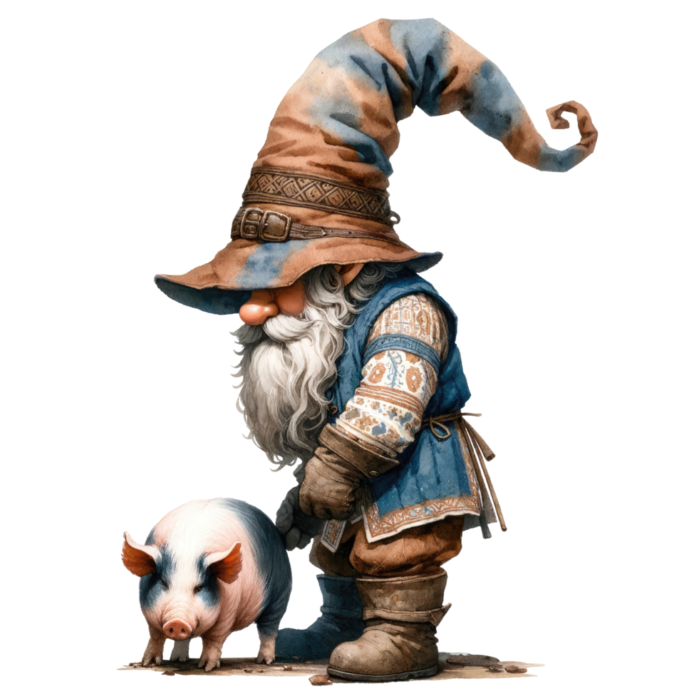 AI generated Gnome with Pig in Whimsical Farm Art png