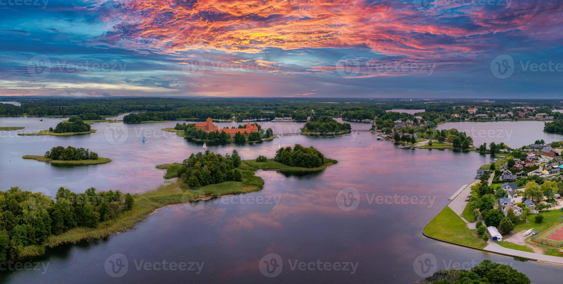 Aerial view of Trakai, over medieval gothic Island castle in Galve lake. photo