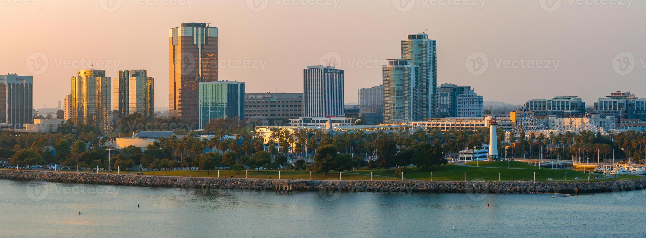 Aerial panoramic view of the Long Beach coastline, harbour, skyline and Marina photo