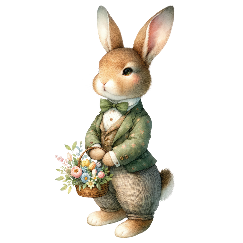 AI generated Bunny with Overalls and Easter Flowers Illustration png