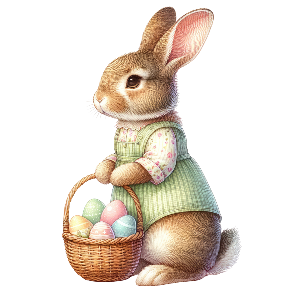 AI generated A delightful illustration of a bunny with a basket brimming with colorful Easter eggs. png