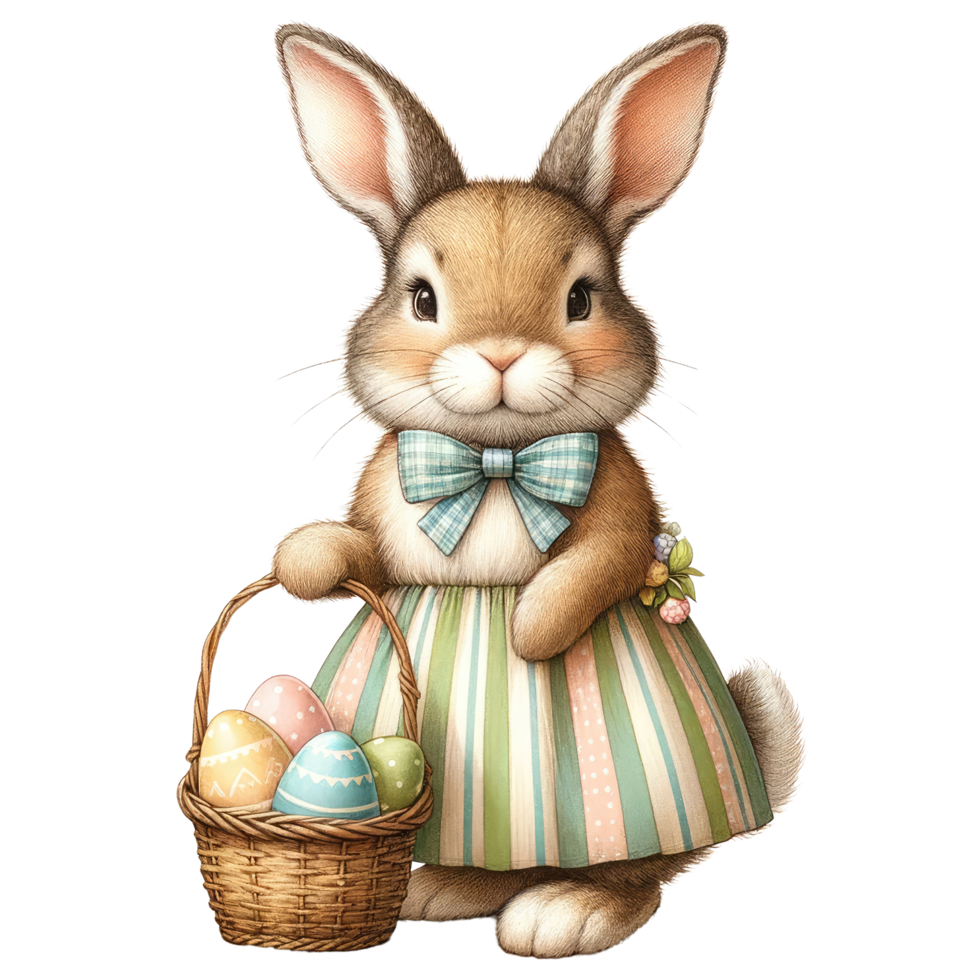 ai generado un encantador ilustración de un conejito con un cesta rebosante con vistoso Pascua de Resurrección huevos. png