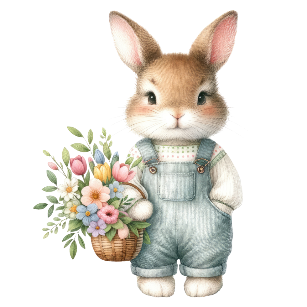 AI generated Bunny with Overalls and Easter Flowers Illustration png