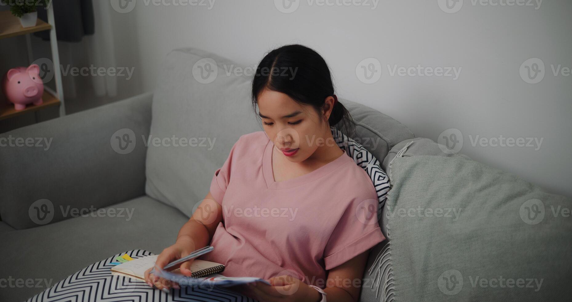 Portrait of Young woman sitting on sofa looking through workpaper and checking data and takes notes at home office photo