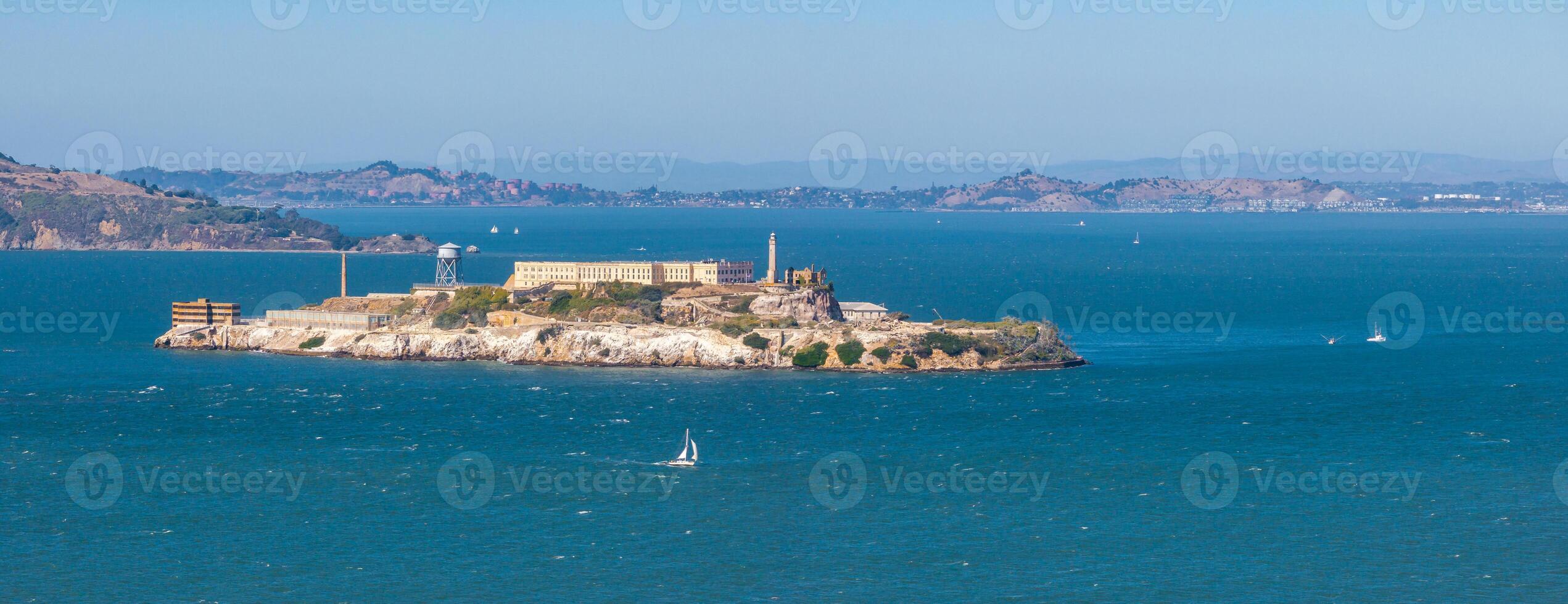 Aerial view of the prison island of Alcatraz in San Francisco Bay, photo