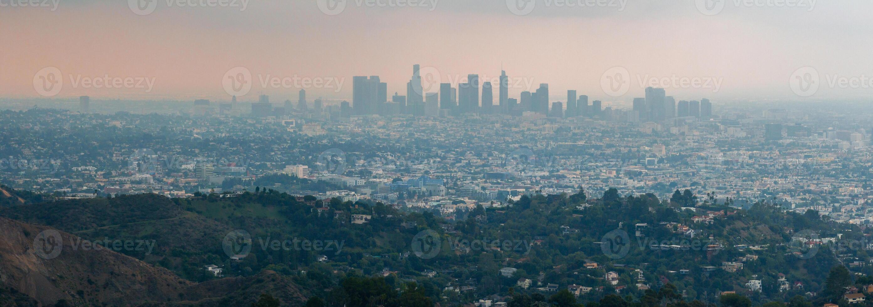 Los Angeles hot sunset view with palm tree and downtown in background. photo