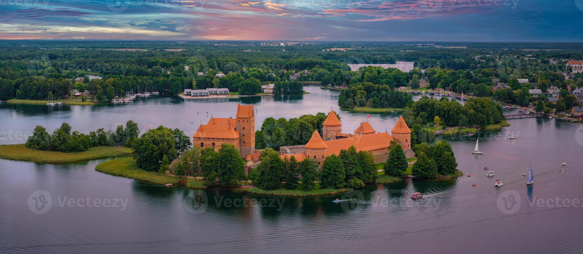 Aerial view of Trakai, over medieval gothic Island castle in Galve lake. photo