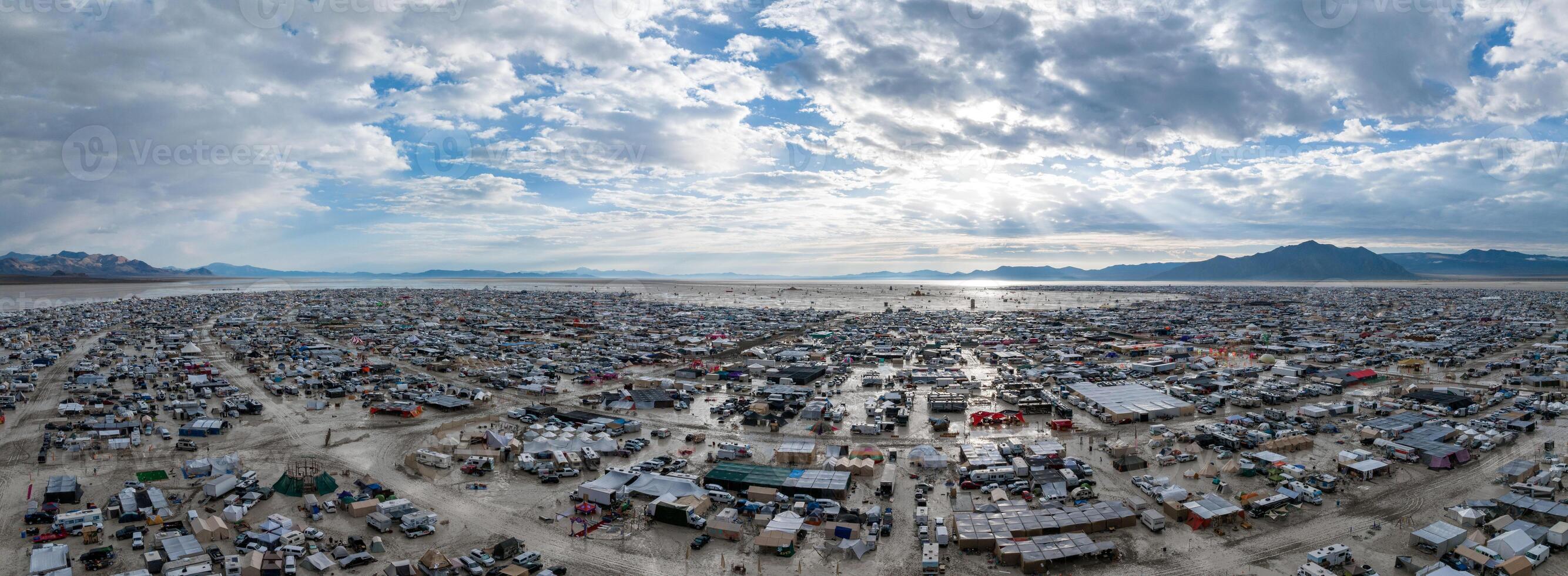 Aerial view of the Burning Man festival in Nevada desert. Black Rock city from above. photo