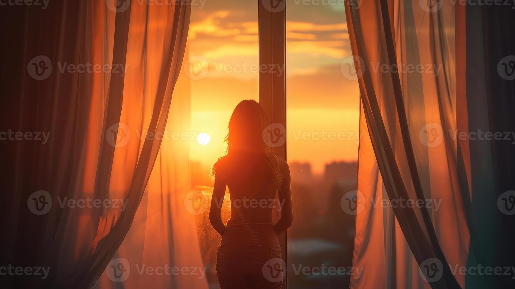 AI generated woman standing by the window in the twilight in the morning opens the curtains. photo