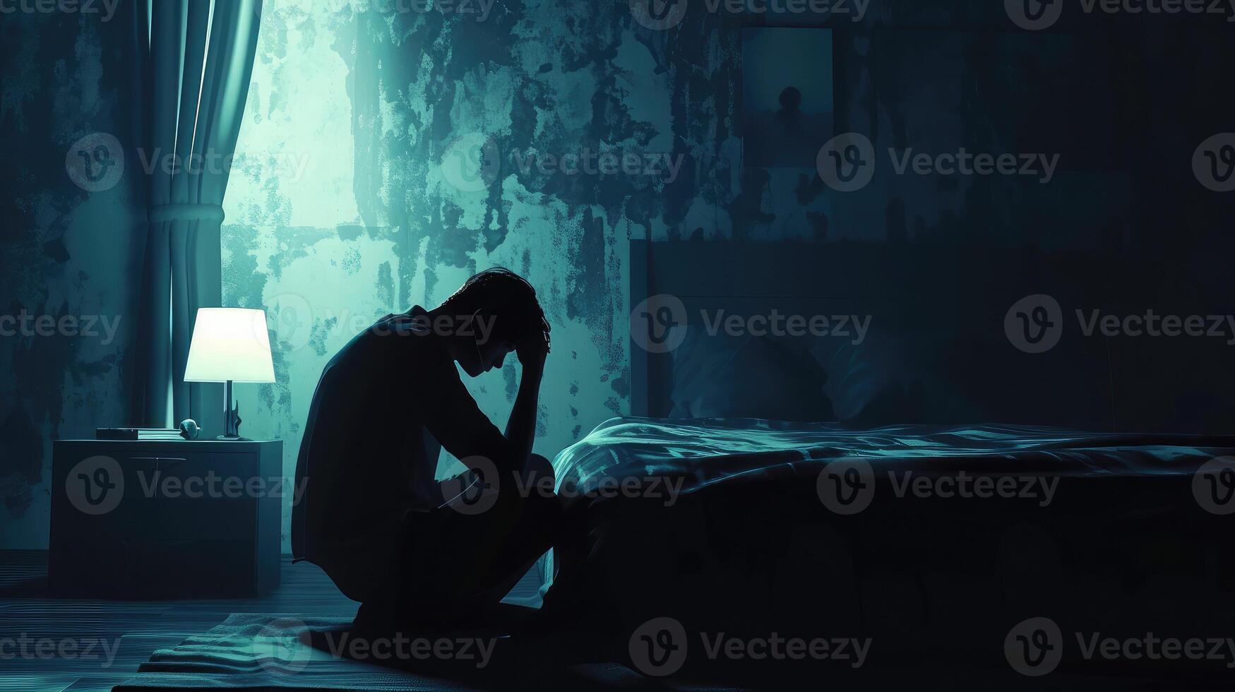 AI generated Lonely man silhouette sitting on the bed feeling depressed and stressed in the dark bedroom, Depression and anxiety disorder concept photo