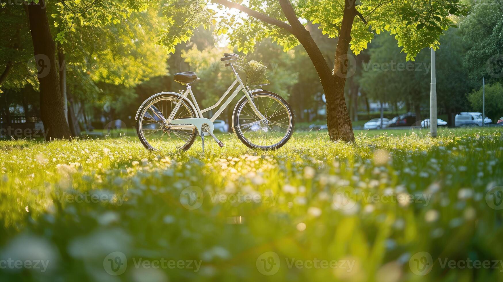 AI generated White bicycle in fresh summer park photo