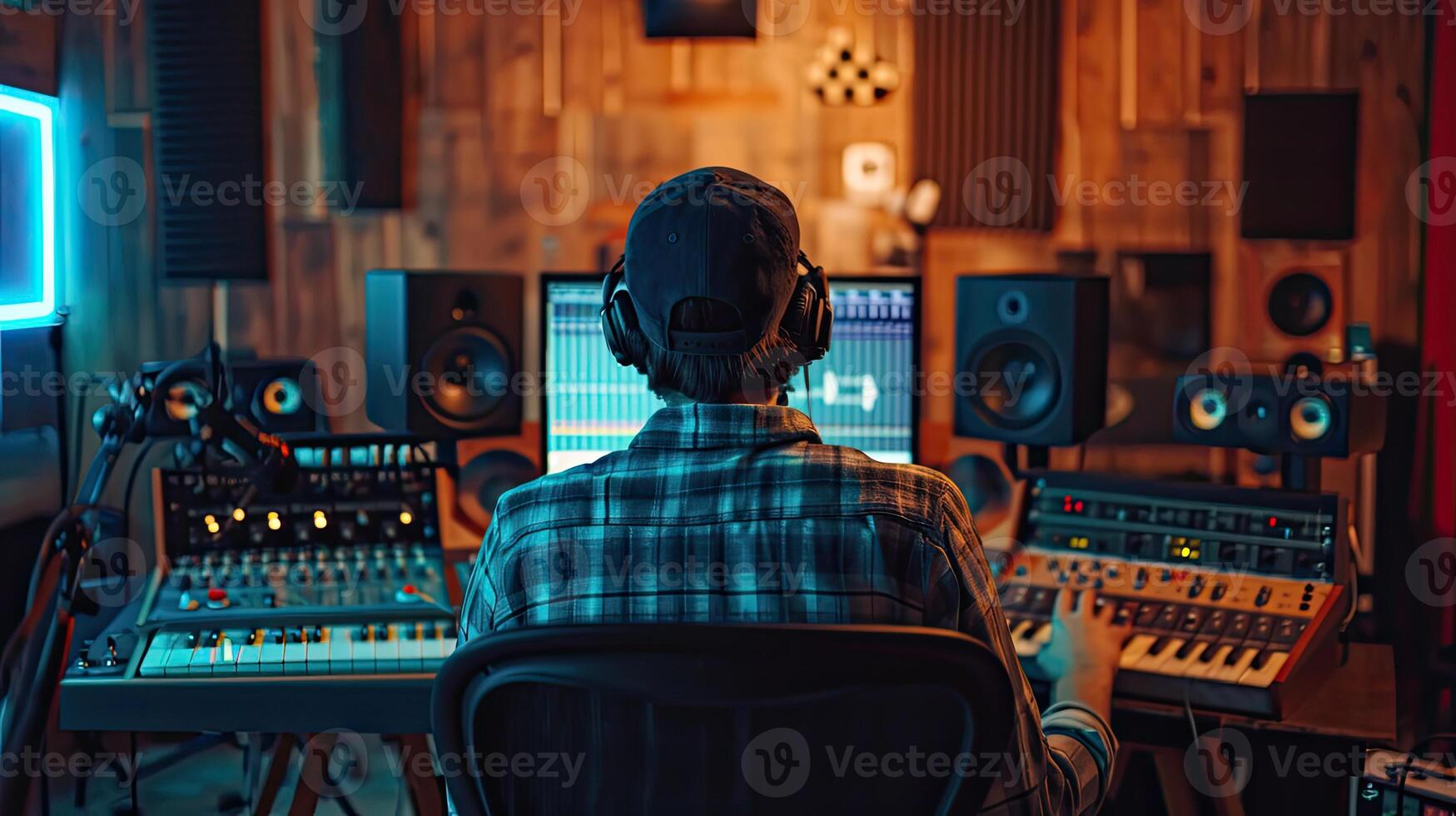 AI generated Back view of anonymous male audio engineer using computer while recording song of singer standing in studio photo