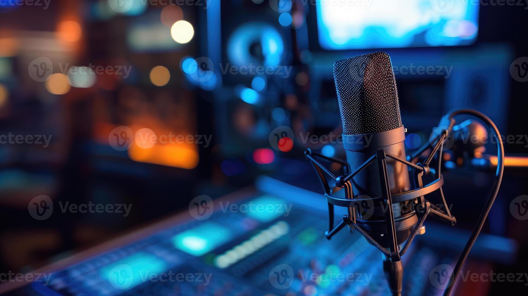 ai generado selectivo atención en profesional auge brazo micrófono estar usado para grabación voz en en línea podcast en hogar estudio. detalle de sonido dispositivo equipo usado para En Vivo transmitir en Internet. foto