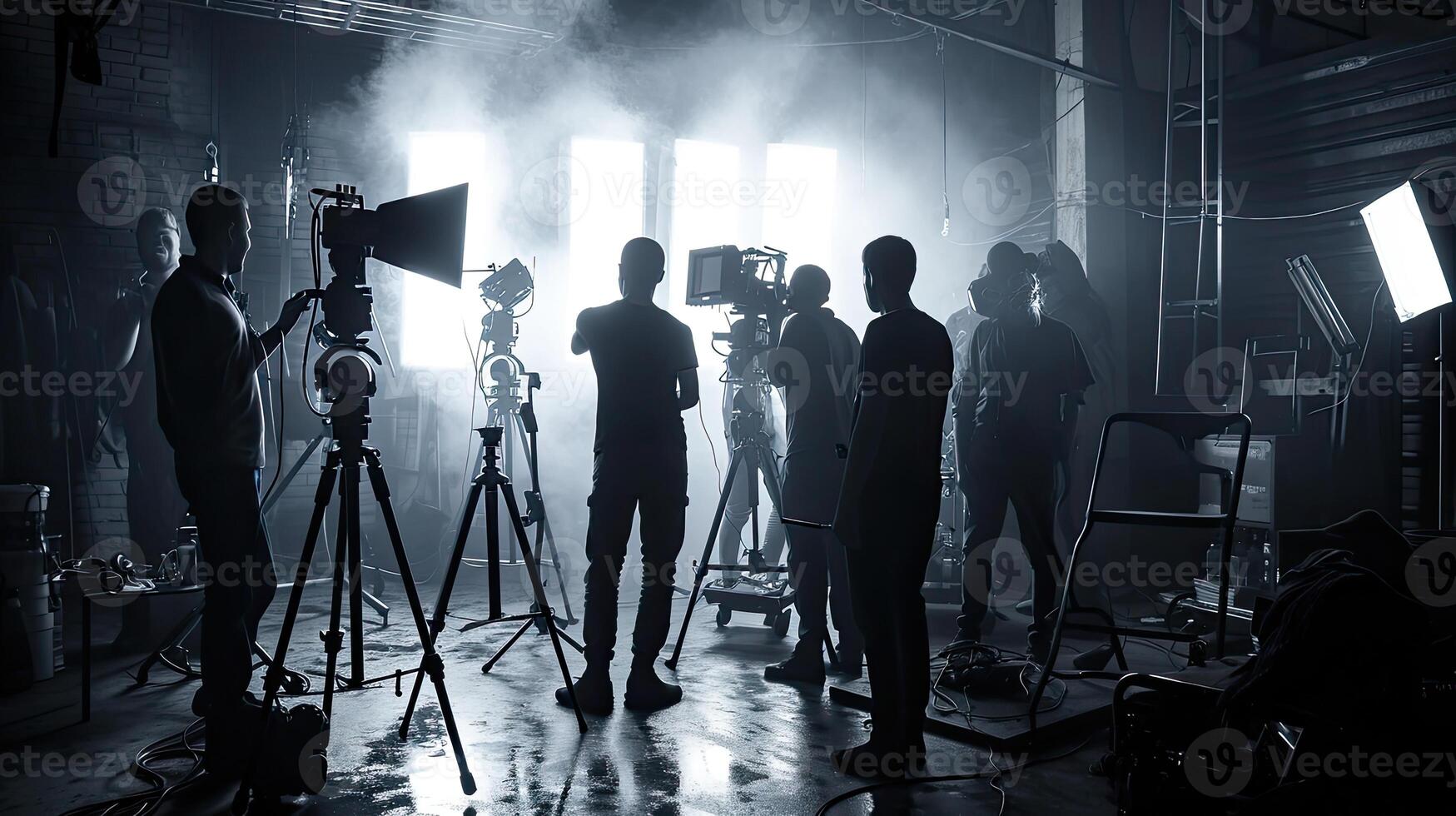 AI generated Silhouette images of video production behind the scenes. making of TV commercial movie that film crew team lightman photo
