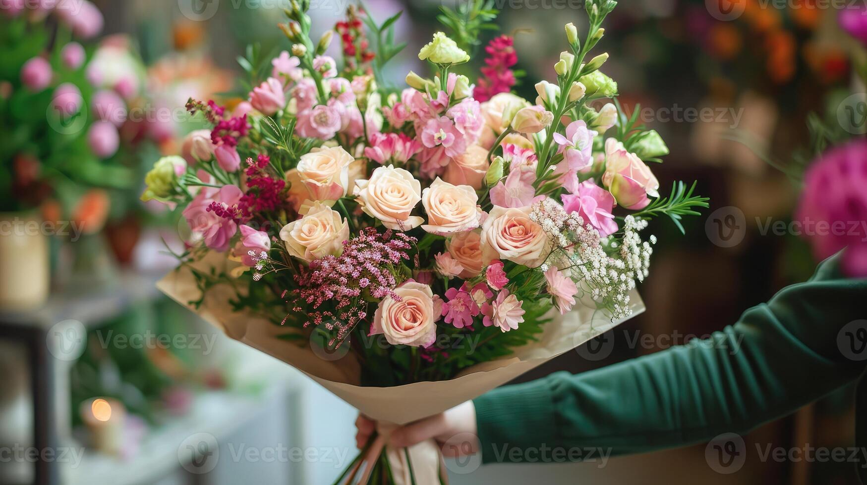 AI generated beautiful luxury bouquet of mixed flowers in woman hand. the work of the florist at a flower shop photo