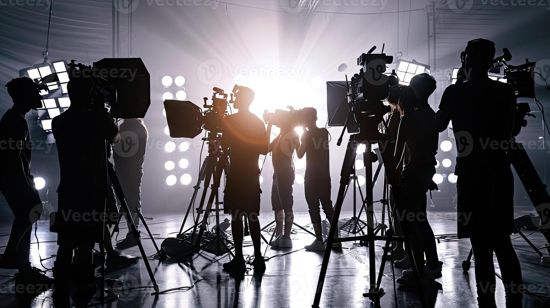 AI generated Silhouette images of video production behind the scenes. making of TV commercial movie that film crew team lightman photo